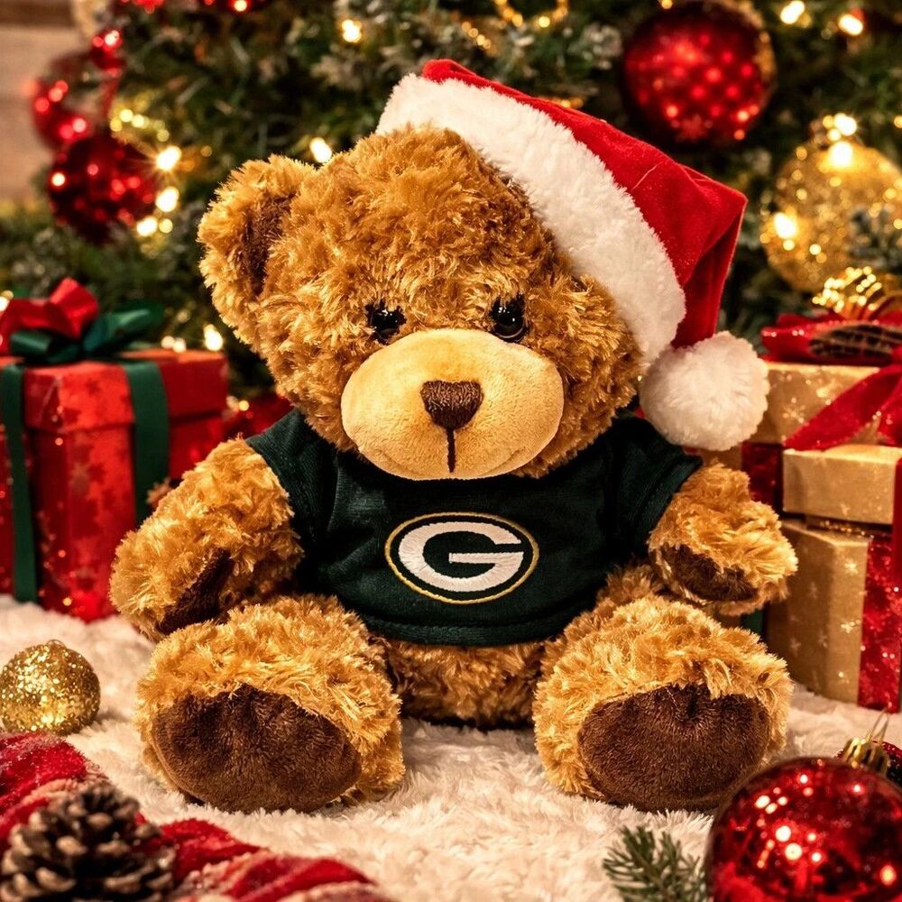 Green Bay Packers Christmas Teddy Bear Plush with Santa Hat & Team Shirt NFL Fan